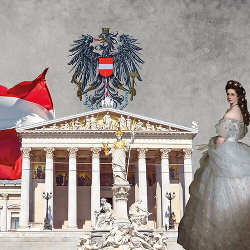 Das österreichische Parlament, mit der österreichischen Flagge und Sissi daneben stehend